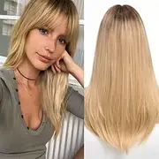 Long Blonde Wigs for Women Straight Synthetic Wig with Bangs