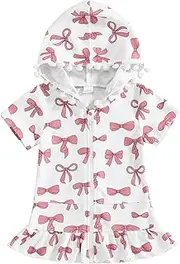 [CocMouse] Kid Girls Terry Swim Beach Coverups Bow/Cherry Print Short Sleeve Summer Hooded Dress Zip-Up Robe Towel Beachwear