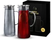 Glass Pitcher with Lid and Spout Set of 2 - Heat Resistant Glass Carafe Pitcher