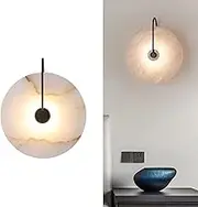 LED Sconce,Round White Alabaster Sconce, Natural Marble Light Decor, LED Modern Wall Lamp for Bedroom, Stairs,Living Room,Vanity,Bedside, Hallway (Black)