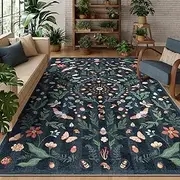 Lahome Insect Botanical Washable Black 8x10 Area Rugs for Living Room, Non Slip Rugs for Bedroom, Boho Indoor Throw Dining Room Rugs for Under Table Carpet for Home Office Playroom(Black,8x10)