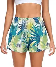 [FRODOTGV] Green Blue Leafs Womens Athletic Shorts Loose & Comfy Golf Shorts for Biking Surfing Vacation Swim Party S
