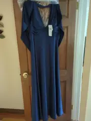 Aidan Mattox Navy Satin Mermaid Cowl Back Gown With Capelet -New W/ Tags Size 14