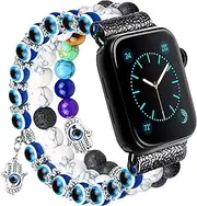 7 Chakra Healing Bracelet Lava Rock Protection Hamsa Hand Beaded Band Compatible with Apple Watch SE 6 5 4 3 2 1 iwatch 38mm 40mm 42mm 44mm with Stainless Steel Adapter