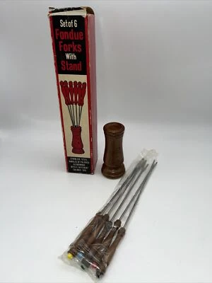 Vintage Fondue Forks Stainless Steel Keyaki Wood Handles Made in Japan Set 6-O