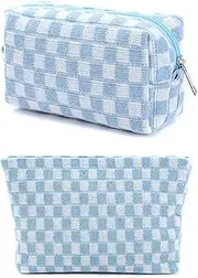 2-Pack Large Checkered Canvas Makeup Bags - Stylish Travel Toiletry Organizer with Zipper, Ideal for Purses - Perfect Small Cosmetic Storage Pouch (Blue)