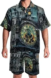 [KQNZT] Men's Hawaiian Short Set, Mens 2 Piece Outfits, Beach Outfits for Men, City View Clock, Cruise Outfits for Men