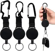Fainne 3 Pcs Retractable Key Chain Multitool Heavy Duty Badge Holder Retractable Badge Holder Reel with Steel Cable, Quick Release Key Clip for ID Name Card Keychain, black, Black