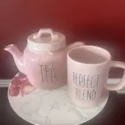 Farmhouse Teapot Ceramic Pastel Pink "TEA" B/Harbor plus Tea Mug- New