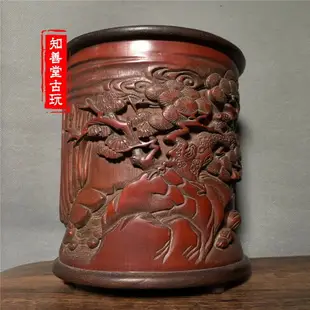 古玩精品竹雕精雕人物祝壽圖筆筒 文房用品古典 家居家裝擺件收藏