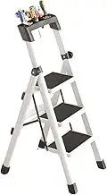 Leona Co 3-Step Folding Ladder - 4 in 1 Multi-Purpose Aluminum Step Ladder for Indoor & Outdoor Use - Herringbone Design, Portable Telescoping Climbing Ladder with Safety Lock