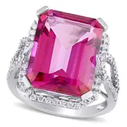 Emerald-Cut Pink Topaz and 0.50 CT. T.W. Natural Diamond Octagonal Frame Open Leaf Shank Ring in Solid 14K White Gold