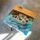 Ocean Epoxy Resin Coffee Table, Square Pebbles Epoxy Center Wooden Table Decor