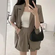 Set: Short-Sleeve Plain Single-Button Blazer + High Waist Dress Shorts Set of 2 - Blazer & Shorts - Camel - M