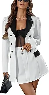 [WDIRARA] Women's 2 Piece Contrast Trim Double Breasted Shawl Collar Puff Sleeve Blazer & Skirt Set