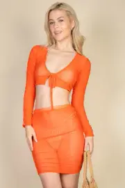 Mesh Tie-Front Crop Top with Ruched Side Mini Dress