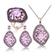 925 Sterling Silver Rose Gold Plated Morganite Necklace+Earrings+RingJewelry Set