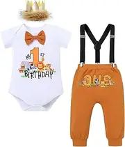 [FYMNSI] Wild One Baby Boy Cake Smash Outfit Jungle Safari Themed One Year Old Party Costume Shorts Sleeve Romper Trouser Suspenders Crown Headband 4pcs Set