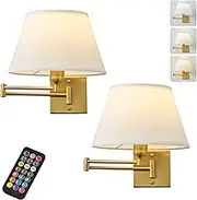 KARTOOSH Battery Operated Wall Sconces Set of Two with Remote Control, Rechargeable Cordless Swing Arm Wall Lamp, Dimmable/3 Colors/9 RGB/Night Light/Timer, Gold Wireless Wall Sconces, No Hardwired