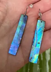 1.8” HAND CARVED NZ MAORI IRIDESCENT BLUE NZ PĀUA SHELL SILVER HOOK EARRINGS