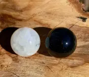 AGATE MARBLE SPHERES- SET OF 2, SOLID BLACK AGATE & QUARTZ CRYSTAL, 20MM
