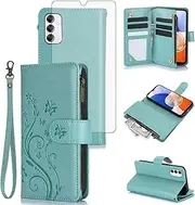 [Asuwish] Phone Case for Samsung Galaxy A14/M14 5G Wallet Cell Cover with Tempered Glass Screen Protector Wrist Strap Flower Flip Zipper Card Holder Slot Stand A 14 4G 14A 14M G5 Women Girls Green