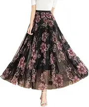 [Biilyli] Women's Tulle Skirt Mesh Elastic High Waist Layered Pleated Skirt Floral Print A-Line Midi Party Casual Flowy Tutu Skirt