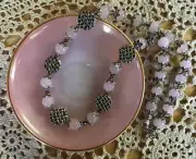 Pink Jade Necklace with Satin Pink Swarovski Crystals and Pewter Beads