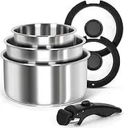 MICHELANGELO Stainless Steel Pot Set with Removable Handle, 6Pcs Stainless Steel Saucepan Set with Lids & Detachable Handle, Triply Base Sauce Pan, Induction Compatible - Black