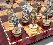 Medieval Times Crusades Gold Silver Armored Knight Chess Set Cherry Color Board