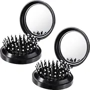 2 Pack Foldable Travel Mirror Hair Brushes Round Portable Folding Pocket Hair Brush Mini Comb Compact Travel Size Massage Comb for Men Women(Black)