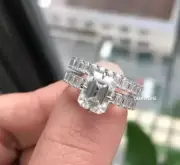 5 CT Emerald Cut Moissanite Compass Prong Wedding Bridal Ring Set 14k White Gold