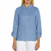 Size S M Women's Orvis Linen Blend Button Front Long Sleeve Top Shirt Blue
