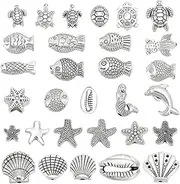HOBBIESAY Pack of 120 30 Styles Antique Silverfish Beads Tibetan Style Sea Animal Beads Vintage Ocean Spacer Beads for Bracelet Necklace Key Ring Jewellery Making Hole: 1.5-2 mm