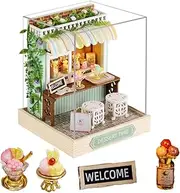 1:24 Scale Creative Room Mini Wooden Doll House Plus Dust Proof,DIY Miniature Dollhouse Kit with Furniture for Kids Teens Adults (Dessert Time)