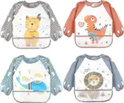 5 Pack Long Sleeve Baby Bibs, Waterproof Sleeved Bib, Toddler Baby Bibs For 6-36 Months 4pcs-Bear-Dinosaur-Whale-Lion Closure-6-36 months