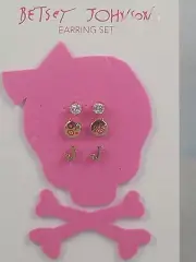 Betsey Johnson Goldtone Rhinestone Pig Smiley Face Initial J Stud Earrings 3 Set