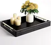 HB Design Black Coffee Table Tray 16.5''x12'' - Real Wood Ottoman for Living Room Serving with Handles Decorative Trays