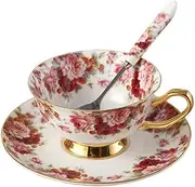 Bone China Ceramic Tea Cup Coffee Cup and Saucer,Flower,White And Red