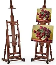 VISWIN Portable Collapsible H-Frame Easel of Maximum Height 95", Holds 2 Canvas Art, Up to 78", Movable Floor Stand Easel with 2 Silent Caster Wheels, Solid Beech Wood Artist Painting Easel - Walnut