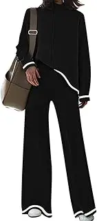 [Fixmatti] Women's 2 Piece Outfits Long Sleeve Stripe Sweater Top Wide Leg Pants Knit Lounge Sets Sweatsuits