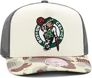 Mitchell & Ness Boston Celtics NBA Hidden Trucker Mesh Snapback Hat Adjustable Cap - Khaki/Duck Camo, Khaki, One Size