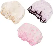 SAFIGLE 3Pcs Double Layer Shower Caps Reusable Bath Caps with Elastic Band Cute Cartoon Prints Breathable Mesh Material for Women for Spa and Salon Use