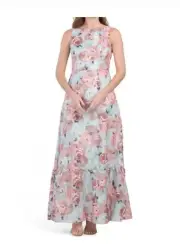 Aidan Mattox Women Teal Multi Floral Jacquard A-Line Gown Dress. Size 12