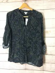 Splendid Large V Neck Tunic Top Rayon Olive Green Navy Blue Roll Tab Sleeve NEW