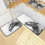Dragon Face Scary White Kitchen Mats for Floor, 2 Piece, Funny Cute Washable Non-Slip Kitchen Rugs Set for Home & Office, Sink, Laundry, 19.7” x 27.6” + 19.7” + 47.2”