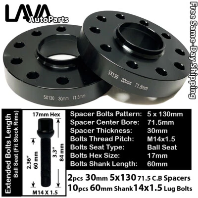 2PC 30MM THICK 5X130 71.5MM C.B WHEEL SPACER+14X1.5 BOLT FIT AUDI VW PORSCHE (for: Audi)