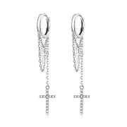 Sterling Silver Shine Cross Long Chain Drop Huggie Hypoallergenic Earrings