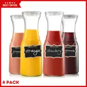 Glass Carafe with Lid, 1 Liter Clear Glass Pitcher for Juice, Water, Set of 4