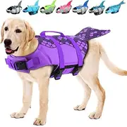 EMUST Dog Life Jacket Shark Ripstop Dog Protection Vest with Rescue Handle for Small Medium Large Dogs Safety Swimsuit for Swimming Pool Beach Purple Mermaid X-Large